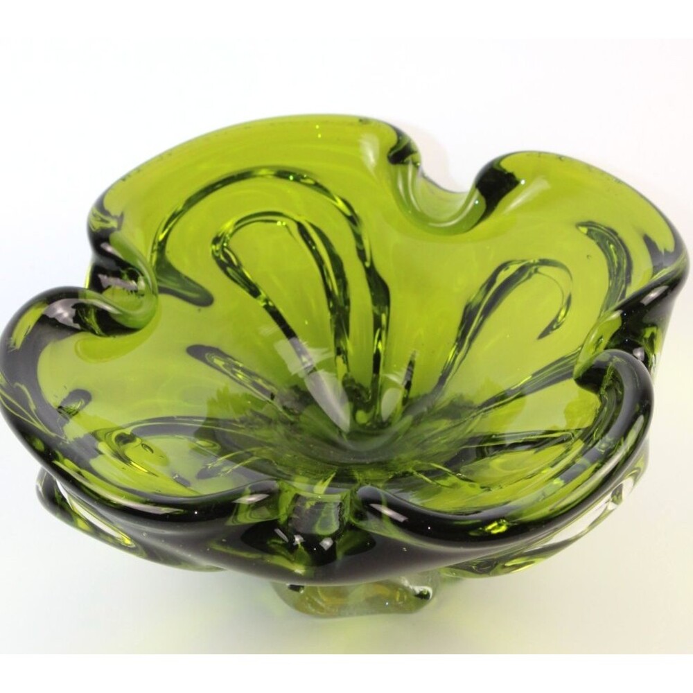 MCM 1960s Vintage Art Glass Bowl, Green Scalloped Ruffle Trinket Dish, Ashtray